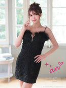 an/AOC-3770/ミニドレス/キャバドレス/袖あり/長袖/ ショルダーリボン/ ファー/フロントジッパー/ショルダーチェーン/タイトドレス