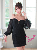 an/AOC-3770/ミニドレス/キャバドレス/袖あり/長袖/ ショルダーリボン/ ファー/フロントジッパー/ショルダーチェーン/タイトドレス