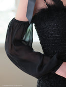 an/AOC-3770/ミニドレス/キャバドレス/袖あり/長袖/ ショルダーリボン/ ファー/フロントジッパー/ショルダーチェーン/タイトドレス