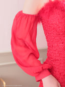 an/AOC-3770/ミニドレス/キャバドレス/袖あり/長袖/ ショルダーリボン/ ファー/フロントジッパー/ショルダーチェーン/タイトドレス