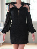 an/AOC-3770/ミニドレス/キャバドレス/袖あり/長袖/ ショルダーリボン/ ファー/フロントジッパー/ショルダーチェーン/タイトドレス