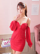 an/AOC-3770/ミニドレス/キャバドレス/袖あり/長袖/ ショルダーリボン/ ファー/フロントジッパー/ショルダーチェーン/タイトドレス