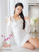 an/AOC-3770/ミニドレス/キャバドレス/袖あり/長袖/ ショルダーリボン/ ファー/フロントジッパー/ショルダーチェーン/タイトドレス