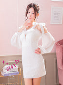 an/AOC-3770/ミニドレス/キャバドレス/袖あり/長袖/ ショルダーリボン/ ファー/フロントジッパー/ショルダーチェーン/タイトドレス