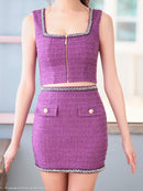 an/AOC-3786/ミニドレス/キャバドレス/セットアップ/ラメツイード/ビジュー/フロントジップ/ノースリーブ/スクエアネック