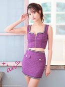 an/AOC-3786/ミニドレス/キャバドレス/セットアップ/ラメツイード/ビジュー/フロントジップ/ノースリーブ/スクエアネック