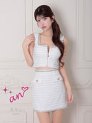 an/AOC-3786/ミニドレス/キャバドレス/セットアップ/ラメツイード/ビジュー/フロントジップ/ノースリーブ/スクエアネック