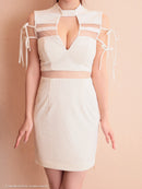 an/AOC-3794/ミニドレス/キャバドレス/ストレッチ/シアー/ハイネック/リボン/ノースリーブ/ワンカラー/白/黒