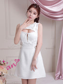 an/AOC-3798/ミニドレス/キャバドレス/ワンピース/リボン/ラメツイード/パール/ビジュー/カットアウト/バストジッパー/ノースリーブ/フレア