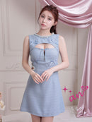 an/AOC-3798/ミニドレス/キャバドレス/ワンピース/リボン/ラメツイード/パール/ビジュー/カットアウト/バストジッパー/ノースリーブ/フレア