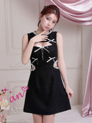 an/AOC-3798/ミニドレス/キャバドレス/ワンピース/リボン/ラメツイード/パール/ビジュー/カットアウト/バストジッパー/ノースリーブ/フレア