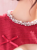 an/AOC-3798/ミニドレス/キャバドレス/ワンピース/リボン/ラメツイード/パール/ビジュー/カットアウト/バストジッパー/ノースリーブ/フレア