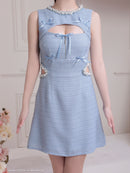 an/AOC-3798/ミニドレス/キャバドレス/ワンピース/リボン/ラメツイード/パール/ビジュー/カットアウト/バストジッパー/ノースリーブ/フレア