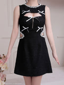 an/AOC-3798/ミニドレス/キャバドレス/ワンピース/リボン/ラメツイード/パール/ビジュー/カットアウト/バストジッパー/ノースリーブ/フレア