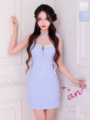 an/AOC-3810/ミニドレス/キャバドレス/ワンピース/サテンリボン/スクエアネック/サイドシアー/フロントジップ/ノースリーブ/ストレッチ/タイト