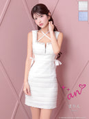 an/AOC-3810/ミニドレス/キャバドレス/ワンピース/サテンリボン/スクエアネック/サイドシアー/フロントジップ/ノースリーブ/ストレッチ/タイト