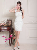 an/AOC-3829/ミニドレス/キャバドレス/ワンピース/ビジューチェーン/リボンモチーフ/ストレッチ/ツイード/ノースリーブ/フロントジップ/タイト