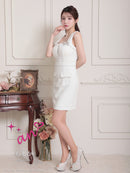 an/AOC-3829/ミニドレス/キャバドレス/ワンピース/ビジューチェーン/リボンモチーフ/ストレッチ/ツイード/ノースリーブ/フロントジップ/タイト