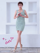 an/AOC-3829/ミニドレス/キャバドレス/ワンピース/ビジューチェーン/リボンモチーフ/ストレッチ/ツイード/ノースリーブ/フロントジップ/タイト