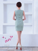 an/AOC-3829/ミニドレス/キャバドレス/ワンピース/ビジューチェーン/リボンモチーフ/ストレッチ/ツイード/ノースリーブ/フロントジップ/タイト