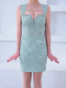 an/AOC-3829/ミニドレス/キャバドレス/ワンピース/ビジューチェーン/リボンモチーフ/ストレッチ/ツイード/ノースリーブ/フロントジップ/タイト