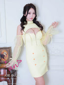 an/AOC-3836/ミニドレス/キャバドレス/ワンピース/ツイード/チェック/リボン/フロントジップ/カットアウト/ハイネック/袖付き/2way/タイト