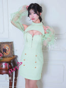 an/AOC-3836/ミニドレス/キャバドレス/ワンピース/ツイード/チェック/リボン/フロントジップ/カットアウト/ハイネック/袖付き/2way/タイト