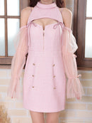 an/AOC-3836/ミニドレス/キャバドレス/ワンピース/ツイード/チェック/リボン/フロントジップ/カットアウト/ハイネック/袖付き/2way/タイト