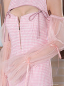 an/AOC-3836/ミニドレス/キャバドレス/ワンピース/ツイード/チェック/リボン/フロントジップ/カットアウト/ハイネック/袖付き/2way/タイト