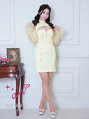 an/AOC-3836/ミニドレス/キャバドレス/ワンピース/ツイード/チェック/リボン/フロントジップ/カットアウト/ハイネック/袖付き/2way/タイト