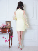 an/AOC-3836/ミニドレス/キャバドレス/ワンピース/ツイード/チェック/リボン/フロントジップ/カットアウト/ハイネック/袖付き/2way/タイト