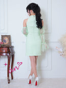 an/AOC-3836/ミニドレス/キャバドレス/ワンピース/ツイード/チェック/リボン/フロントジップ/カットアウト/ハイネック/袖付き/2way/タイト