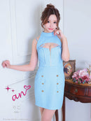 an/AOC-3836/ミニドレス/キャバドレス/ワンピース/ツイード/チェック/リボン/フロントジップ/カットアウト/ハイネック/袖付き/2way/タイト