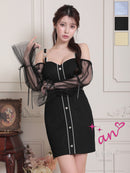 an/AOC-3842/ミニドレス/キャバドレス/ワンピース/ハートボタン/パイピング/チュール/ノースリーブ/袖付き/2way/タイト