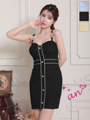 an/AOC-3842/ミニドレス/キャバドレス/ワンピース/ハートボタン/パイピング/チュール/ノースリーブ/袖付き/2way/タイト