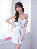 an/AOC-3842/ミニドレス/キャバドレス/ワンピース/ハートボタン/パイピング/チュール/ノースリーブ/袖付き/2way/タイト