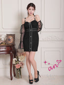 an/AOC-3842/ミニドレス/キャバドレス/ワンピース/ハートボタン/パイピング/チュール/ノースリーブ/袖付き/2way/タイト