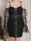 an/AOC-3842/ミニドレス/キャバドレス/ワンピース/ハートボタン/パイピング/チュール/ノースリーブ/袖付き/2way/タイト