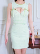 an/AOC-3844/ミニドレス/キャバドレス/ワンピース/サマーツイード/ビジュー/リボン/フロントジップ/カットアウト/ストレッチ/タイト