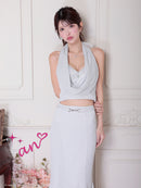 an/AOC-3851/ミディアムドレス/キャバドレス/セットアップ/マーメイド/ビジュー/ホルターネック/ラインストーン/フリル