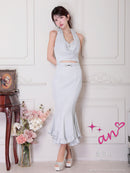 an/AOC-3851/ミディアムドレス/キャバドレス/セットアップ/マーメイド/ビジュー/ホルターネック/ラインストーン/フリル