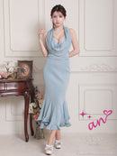 an/AOC-3851/ミディアムドレス/キャバドレス/セットアップ/マーメイド/ビジュー/ホルターネック/ラインストーン/フリル