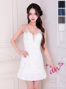 an/AOC-3864/ミニドレス/キャバドレス/ワンピース/リボンブローチ/ビジュー/キャミソール/バイカラー/フリル/フレア/Aライン