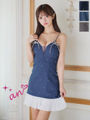 an/AOC-3864/ミニドレス/キャバドレス/ワンピース/リボンブローチ/ビジュー/キャミソール/バイカラー/フリル/フレア/Aライン