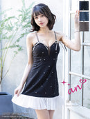 an/AOC-3864/ミニドレス/キャバドレス/ワンピース/リボンブローチ/ビジュー/キャミソール/バイカラー/フリル/フレア/Aライン