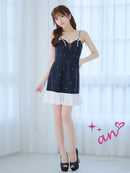 an/AOC-3864/ミニドレス/キャバドレス/ワンピース/リボンブローチ/ビジュー/キャミソール/バイカラー/フリル/フレア/Aライン