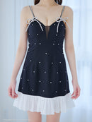 an/AOC-3864/ミニドレス/キャバドレス/ワンピース/リボンブローチ/ビジュー/キャミソール/バイカラー/フリル/フレア/Aライン