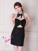 an/AOC-3904/ミニドレス/キャバドレス/ワンピース/リボン/パール/ビジュー/ホルターネック/バストジップ/カットアウト/タイト