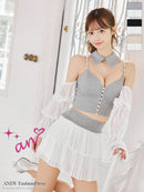 an/AOC-3922/ミニドレス/キャバドレス/セットアップ/3way/袖取り外し可能/襟付き/ビジューボタン/キャミソール/シフォン/フリル/フレア