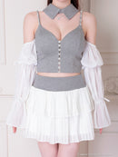 an/AOC-3922/ミニドレス/キャバドレス/セットアップ/3way/袖取り外し可能/襟付き/ビジューボタン/キャミソール/シフォン/フリル/フレア